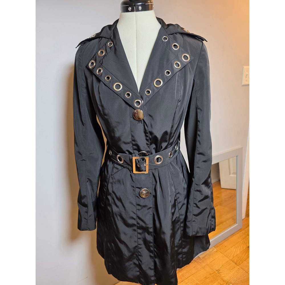 INC International Concepts Black Grommet Trench Coat Belted Biker Y2K Jacket